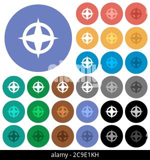 Directions de carte icônes plates multicolores sur fond rond. Inclut des variantes d'icônes blanches, claires et sombres pour les effets de survol et d'état actif, et Illustration de Vecteur