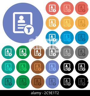 Filtre de contact icônes plates multicolores sur arrière-plans ronds. Inclut des variantes d'icônes blanches, claires et sombres pour les effets de survol et d'état actif, et Illustration de Vecteur