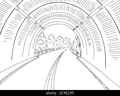 Quittez le vecteur d'illustration d'esquisse de paysage noir blanc de la route du tunnel Illustration de Vecteur