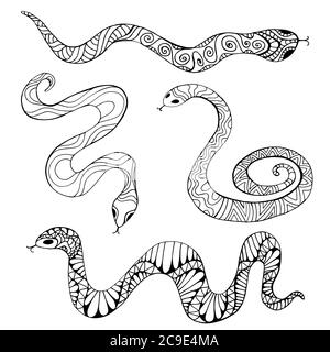 Collection de pages de coloriage avec serpents ethniques décoratifs, isolés sur fond blanc. Illustration vectorielle dessinée à la main avec des reptiles ornementaux. Abstra Illustration de Vecteur