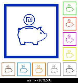 Israël nouvelle banque de porc Shekel plate couleur icônes dans les cadres carrés sur fond blanc Illustration de Vecteur