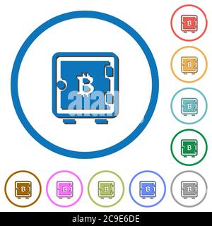 Icônes de vecteur couleur plat Bitcoin boîte forte avec des ombres dans des contours ronds sur fond blanc Illustration de Vecteur
