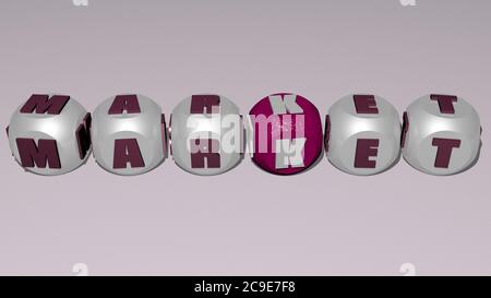 mots croisés de marché disposés par des lettres cubes sur un plancher miroir, concept sens et présentation. affaires et arrière-plan. Illustration 3D Banque D'Images