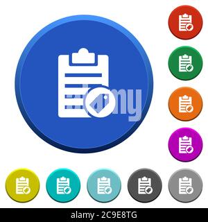 Remarque : marquage des boutons ronds de couleur biseautés avec des surfaces lisses et des icônes blanches plates Illustration de Vecteur