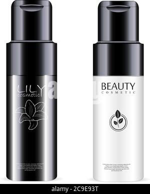 Kit de maquillage pour bouteille de crème noire et blanche avec couvercle brillant. Design esthétique réaliste. Illustration vectorielle. Illustration de Vecteur