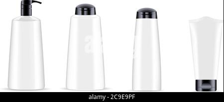 Ensemble de pots à bouteilles de cosmétiques blancs avec bouchons supérieurs noirs. Maquette 3D réaliste de l'emballage cosmétique. Illustration vectorielle du distributeur et du compte-gouttes, crème ja Illustration de Vecteur