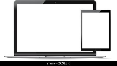 Kit de maquette pour PC portable et tablette. Illustration vectorielle des périphériques mobiles. Carnet et poche isolés sur fond blanc. Illustration de Vecteur