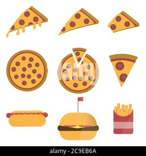 Icônes de restauration rapide définies. Tranche de pizza, hot dog, hamburger avec drapeau, frites en illustration vectorielle plate Illustration de Vecteur