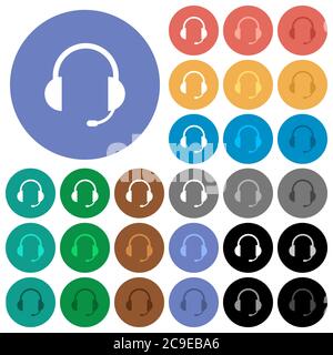 Micro-casque avec icônes plates multicolores sur fond rond. Inclut des variantes d'icônes blanches, claires et sombres pour le survol et l'effe d'état actif Illustration de Vecteur