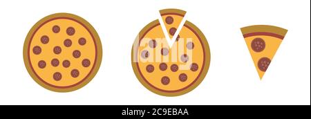 Pizza entière et avec une pièce de coupe. Jeu d'illustrations vectorielles pour aliments rapides Illustration de Vecteur