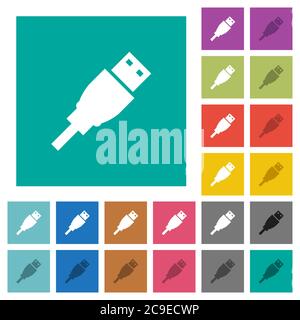 Fiche USB multi-couleurs icônes plates sur fonds carrés simples. Inclut des variantes d'icône blanche et foncée pour les effets de survol ou actifs. Illustration de Vecteur