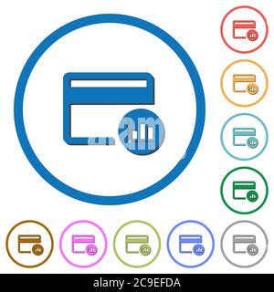 Les transactions par carte de crédit signalent des icônes vectorielles de couleur plate avec des ombres dans des contours ronds sur fond blanc Illustration de Vecteur