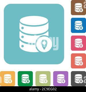 Emplacement de la base de données icônes plates blanches sur des arrière-plans carrés de couleur arrondie Illustration de Vecteur
