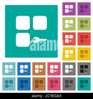 Sécurisez les icônes plates multicolores des composants sur des arrière-plans carrés simples. Inclut des variantes d'icône blanche et foncée pour les effets de survol ou actifs. Illustration de Vecteur