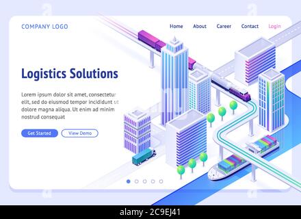 Page d'accueil isométrique des solutions logistiques. Service de la compagnie de livraison de transport, importation et exportation de fret par navire, camion ou train. Biens terrestres et fluviaux affaires de transport urbain, bannière web 3d Vector Illustration de Vecteur
