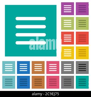 Alignement du texte justifier des icônes plates multicolores sur des arrière-plans carrés simples. Inclut des variantes d'icône blanche et foncée pour les effets de survol ou actifs. Illustration de Vecteur