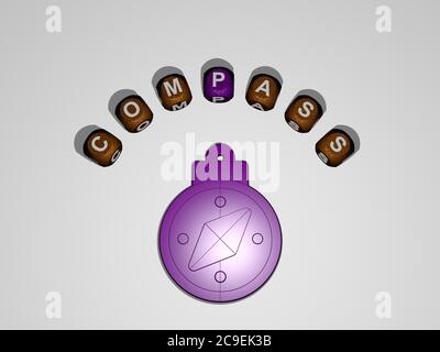 Illustration 3D des graphiques DE LA BOUSSOLE et du texte autour de l'icône faite par des lettres de dés métalliques pour la signification du concept et des présentations. Fond et design Banque D'Images