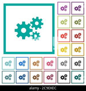 Icônes de couleur plate Gears avec cadres quadrants sur fond blanc Illustration de Vecteur