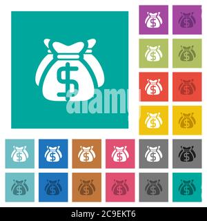 Dollar sacs multi-couleurs icônes plates sur fond carré Uni. Inclut des variantes d'icône blanche et foncée pour les effets de survol ou actifs. Illustration de Vecteur
