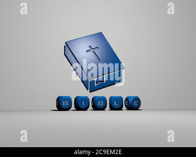 Image graphique 3D de LA BIBLE verticalement avec le texte construit par des lettres métalliques cubes de la perspective supérieure, excellent pour la présentation de concept et les diaporamas. eglise et christian Banque D'Images