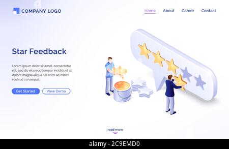 Bannière du modèle de feedback en étoile. Concept de révision positive, de satisfaction de taux et de qualité de service ou d'application. Page d'accueil Vector de l'évaluation des clients ayant des étoiles dorées Illustration de Vecteur