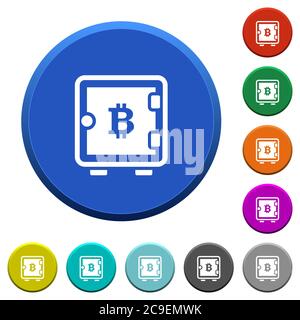 Boîte robuste en Bitcoin boutons ronds de couleur biseautée avec surfaces lisses et icônes blanches plates Illustration de Vecteur