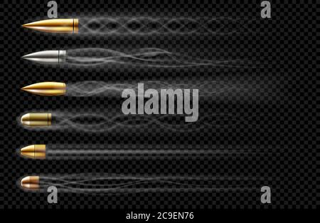 Balles volantes avec traces de fumée provenant d'un tir de canon. Vecteur jeu réaliste de balles différents calibres tirés d'arme, revolver ou pistolet avec piste de fumée isolée sur fond transparent Illustration de Vecteur