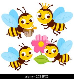 Collection mignon Bees sur fond blanc. Banque D'Images