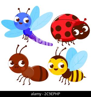 Ensemble de jolis insectes colorés. Une libellule, une coccinelle, un fourmis et une abeille. Banque D'Images