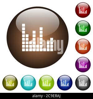 Barres de son icônes blanches sur boutons ronds en verre Illustration de Vecteur