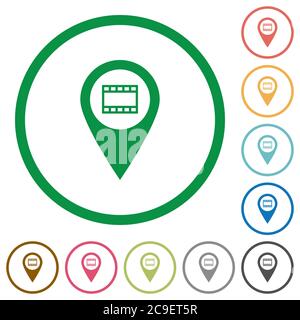 Emplacement de la carte GPS cinéma icônes de couleur plate dans des contours ronds sur fond blanc Illustration de Vecteur