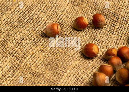 Noisette dispersée sur un fond de tissu de homesun avec une texture rugueuse. Gros plan Banque D'Images