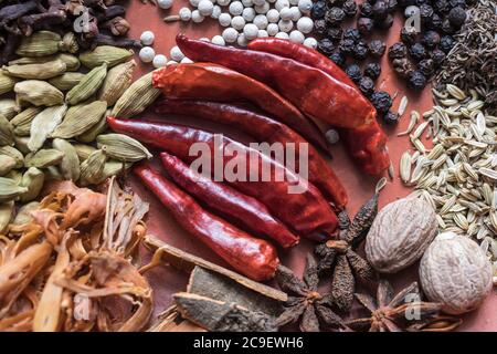 Vue rapprochée de différentes épices. Banque D'Images