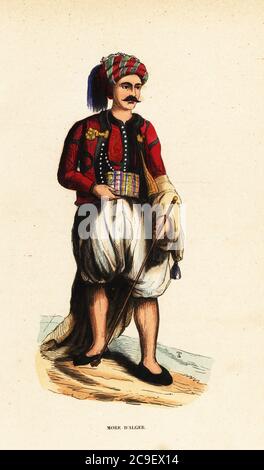 Homme mauresque en turban, veste, ponceaux, tenant une canne, Alger, Algérie. Les Maures étaient des descendants de la Mauritanie antique et de Numidia. More d’Alger. Bois de couleur main de T.S. de Auguste Wahlen's Moeurs, Usage et costumes de tous les Peuples du monde, (manières, coutumes et costumes de tous les peuples du monde) Librairie Historique-Artistique, Bruxelles, 1845. Wahlen était le pseudonyme de Jean-François-Nicolas Loumyer (1801-1875), écrivain et archiviste du département héraldique de Belgique. Banque D'Images