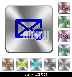 Mail lire les icônes gravées sur les boutons carrés arrondis en acier brillant Illustration de Vecteur
