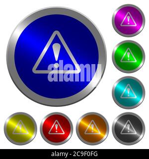 Symboles d'avertissement en forme de triangle sur des boutons ronds lumineux en acier de couleur semblable à une pièce Illustration de Vecteur