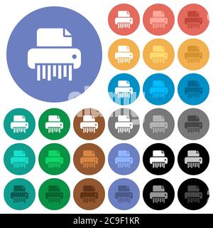 Office destructeur de documents multi-couleurs icônes plates sur fond rond. Inclut des variantes d'icônes blanches, claires et sombres pour les effets de survol et d'état actif, et Illustration de Vecteur