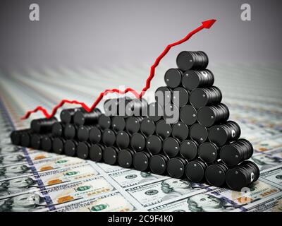 Le pétrole brut s'est posé sur des billets en dollars. Concept de hausse des prix du pétrole. Illustration 3D. Banque D'Images