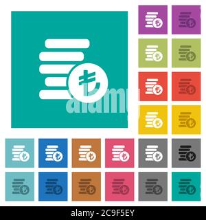 La livre turque pièces de monnaie multi-couleurs icônes plates sur fond carré Uni. Inclut des variantes d'icône blanche et foncée pour les effets de survol ou actifs. Illustration de Vecteur