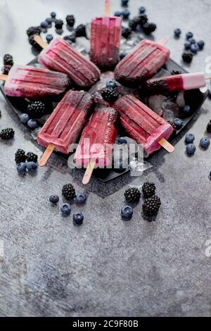 Crème glacée aux fruits Forrest sur bâton. En-cas végétalien maison. Placé sur l'assiette avec de la glace Banque D'Images