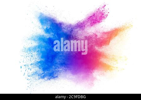 Poudre multicolore abstraite plattée sur fond blanc, mouvement de gel de la poudre de couleur explosant Banque D'Images