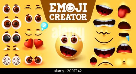 Emojis smiley créateur heureux ensemble de vecteurs. Kit de personnage de créateur d'émotiji avec expressions faciales modifiables, sentiments et émotions pour le design de signe et de symbole Illustration de Vecteur