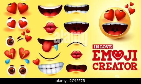 Emoji smiley dans l'amour vecteur créateur ensemble. Kit d'émoticônes smiley avec coeurs et visage d'amour avec expression faciale modifiable pour motif et symbole d'émoticônes Illustration de Vecteur