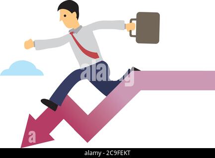 Homme d'affaires qui s'en est arrêté à la flèche vers le bas. Concept de récession ou de krach de la Bourse. Illustration vectorielle plate. Illustration de Vecteur