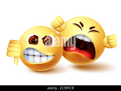 Smiley emoji Angry personnages vector design. Emoji smiley de fou et criant désaccord avec le pouce vers le bas geste de la main. Illustration vectorielle. Illustration de Vecteur