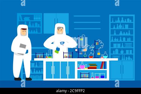 Illustration d'une expérience en laboratoire de chimie dangereuse. Scientifiques en costumes de protection personnages de dessin animé de laboratoire mélange de fluides toxiques Chimie pharmacie biotéchnol Banque D'Images