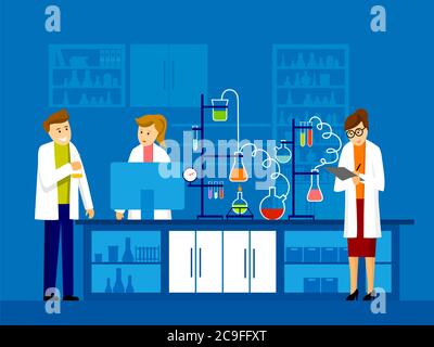 Illustration de scientifiques deux hommes et une femme travaillant au laboratoire scientifique. Illustration des tests en laboratoire d'expériences chimiques. Scientifiques en couches blanches analysant Banque D'Images