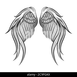 Deux ailes dessinées à la main dans le style Tattoo isolé sur blanc. Illustration vectorielle. Illustration de Vecteur