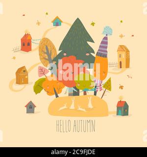 Dessin animé coloré forêt d'automne avec des petits lapins Illustration de Vecteur