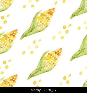 Papier numérique aquarelle de maïs. Clipart à motif alimentaire sans couture. Design pour la décoration de cuisine, le tissu, le textile. Banque D'Images